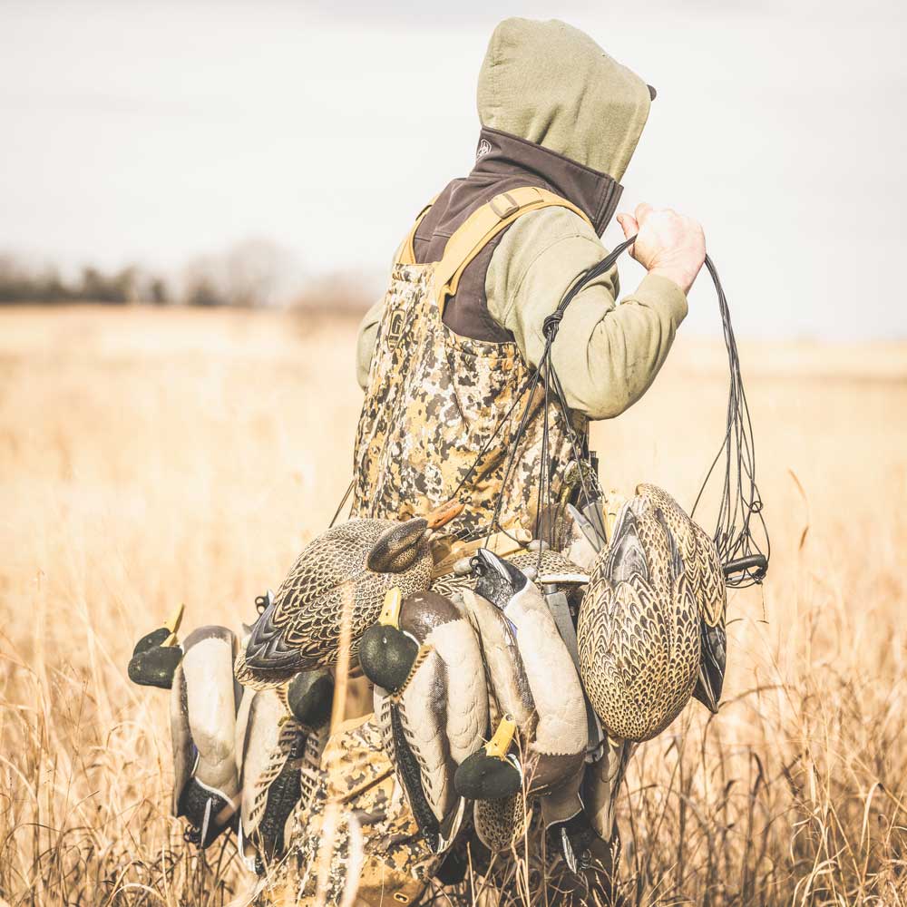 Man carrying duck decoys through a field